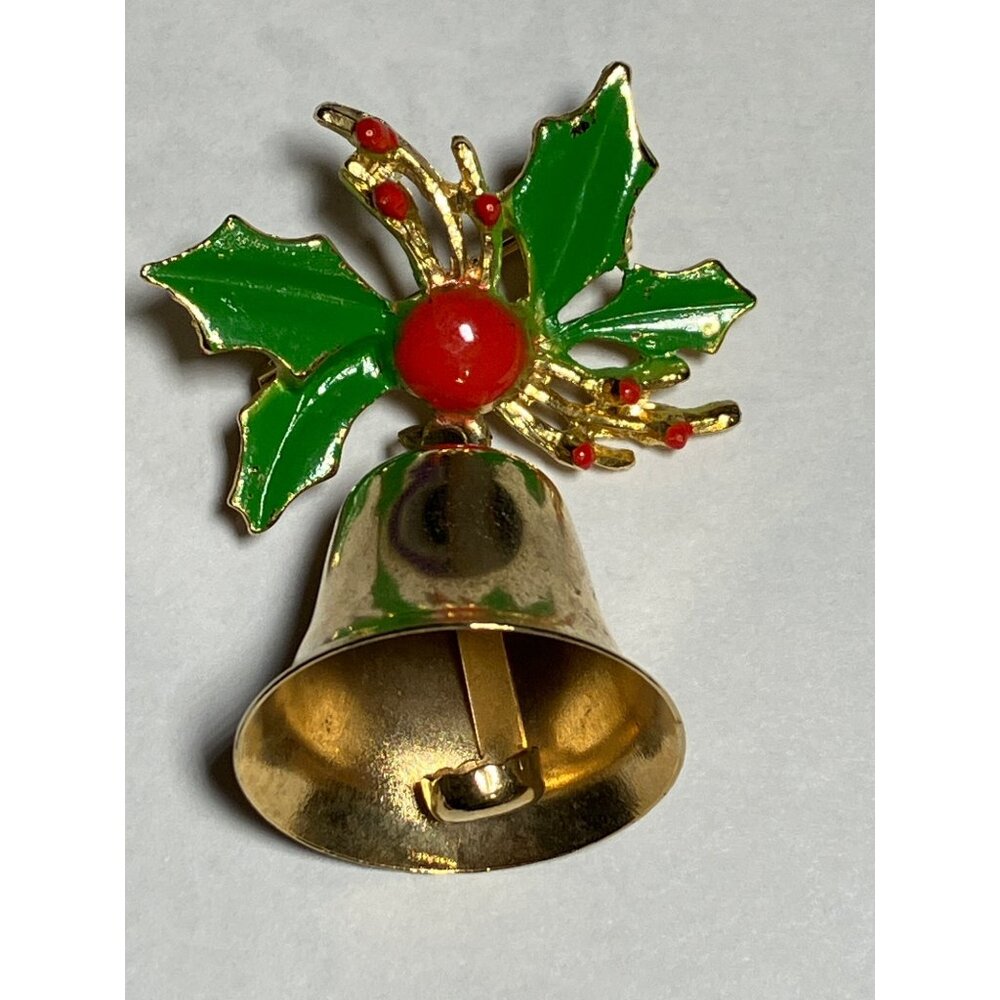 Vintage Gold-Tone Enamel Holly Bell Brooch Pin With Red Accents